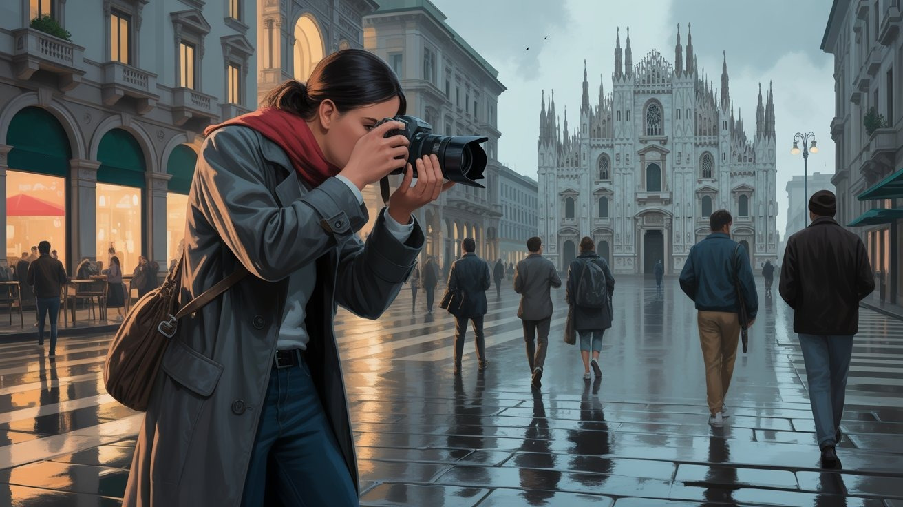 Illustration eines Privatdetektivs mit Kamera in Mailand (Italien); Detektei Mailand (Italien), Detektiv Mailand (Italien), Privatdetektiv Mailand (Italien), Privatdetektei Mailand (Italien)
