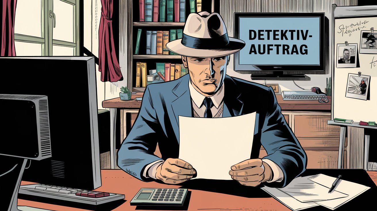 Comic-Stil-Detektiv prüft Ermittlungsvertrag in seinem Büro; Detektei in Düsseldorf, Privatdetektiv aus Düsseldorf, Detektiv Düsseldorf