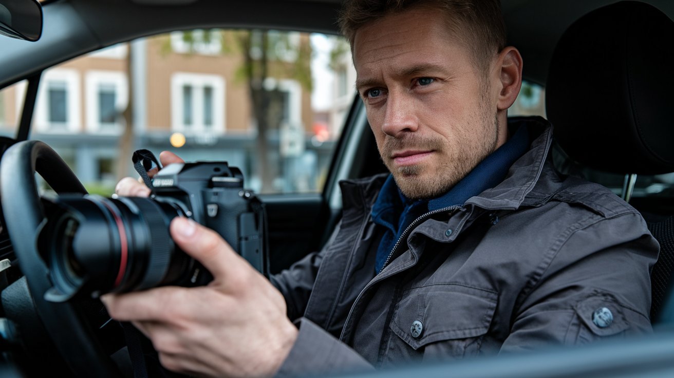 Detektiv mit Kamera im Auto; Wirtschaftsdetektei Schweden, Privatermittler Schweden, Detektivagentur Schweden, Detektivbüro Schweden