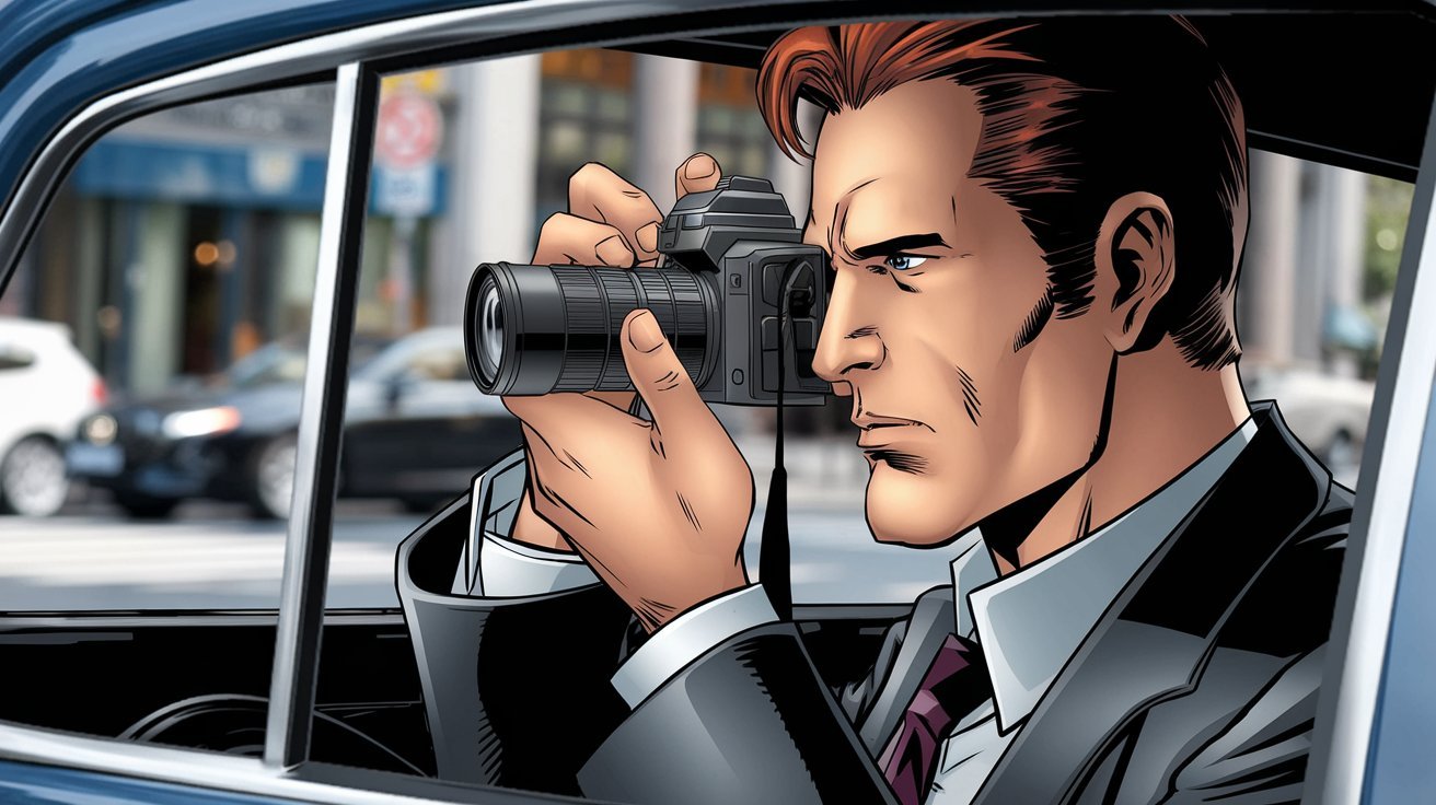 Comic-Stil-Detektiv fotografiert aus Auto heraus; Privatdetektiv im Rheinland, Privatdetektei im Rheinland, Privatermittler Rheinland