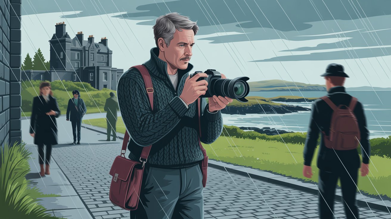 Illustration von Privatdetektiv mit Kamera an der Küste in Stornoway auf Lewis (Schottland, Großbritannien) bei Regen; Detektei Lewis and Harris (Schottland, Großbritannien), Detektiv Lewis and Harris (Schottland, Großbritannien), Privatdetektiv Lewis and Harris (Schottland, Großbritannien), Privatdetektei Lewis and Harris (Schottland, Großbritannien)