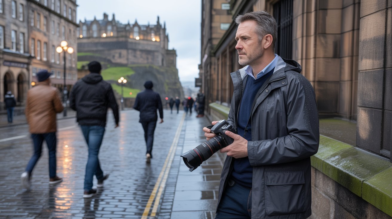 Illustration von Privatdetektiv mit Kamera in Edinburgh (Schottland, UK); Detektei Edinburgh (Schottland, UK), Detektiv Edinburgh (Schottland, UK), Privatdetektiv Edinburgh (Schottland, UK), Privatdetektei Edinburgh (Schottland, UK)