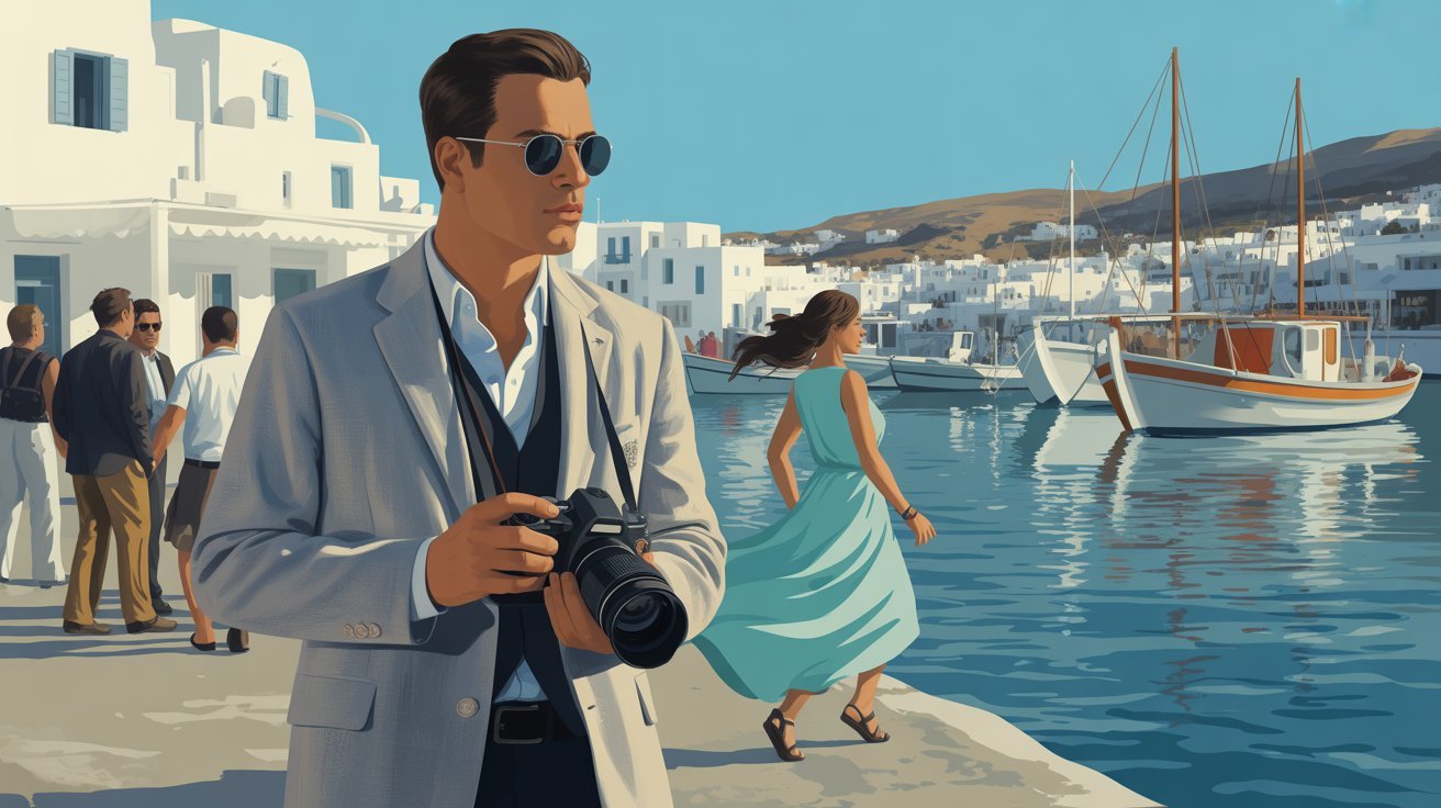 illustrierter Privatdetektiv mit Kamera auf Paros, Griechenland; Wirtschaftsdetektei Paros, Griechenland, Privatermittler Paros, Griechenland, Detektivagentur Paros, Griechenland, Detektivbüro Paros, Griechenland