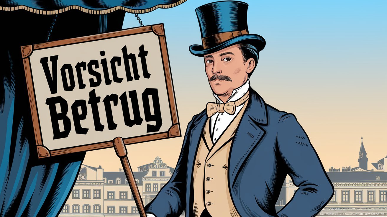 Comic-Stil-Mann mit Zylinder und Schild "Vorsicht Betrug"; Detektei aus Düsseldorf, Wirtschaftsdetektei aus Düsseldorf, Detektivbüro Düsseldorf